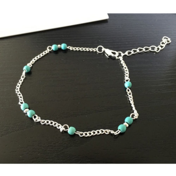 Turquoise bead silver chain anklet - Picture 3 of 3